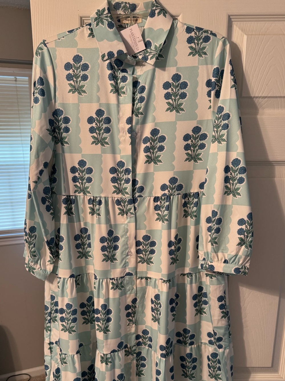 Floral Check Maxi Shirt Dress in Mint and Navy